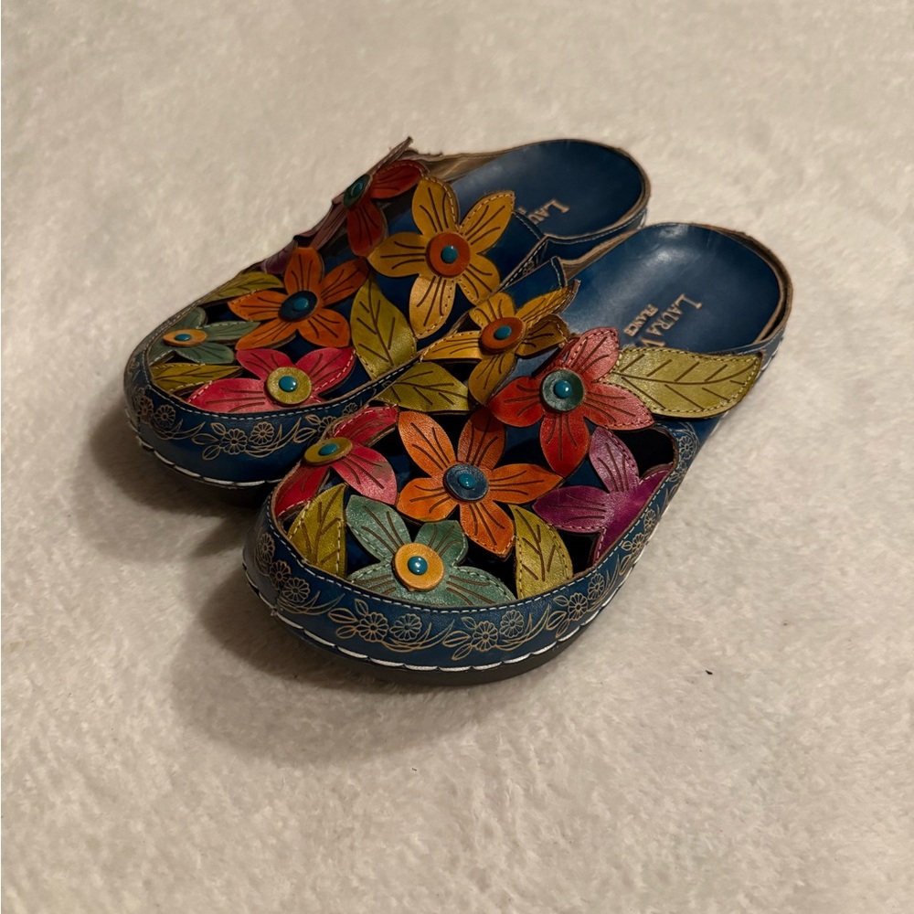 Laura Vita Floral slip on France Style Leather Fashionable Mule Shoes Size 41 - Picture 2 of 6